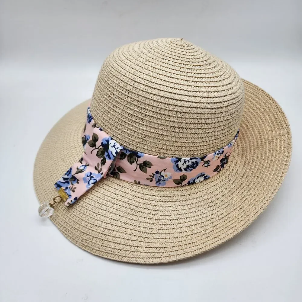 Marcus Adler Womens Straw Hat Short Brim Floral Tie Round Top Vacation Beach